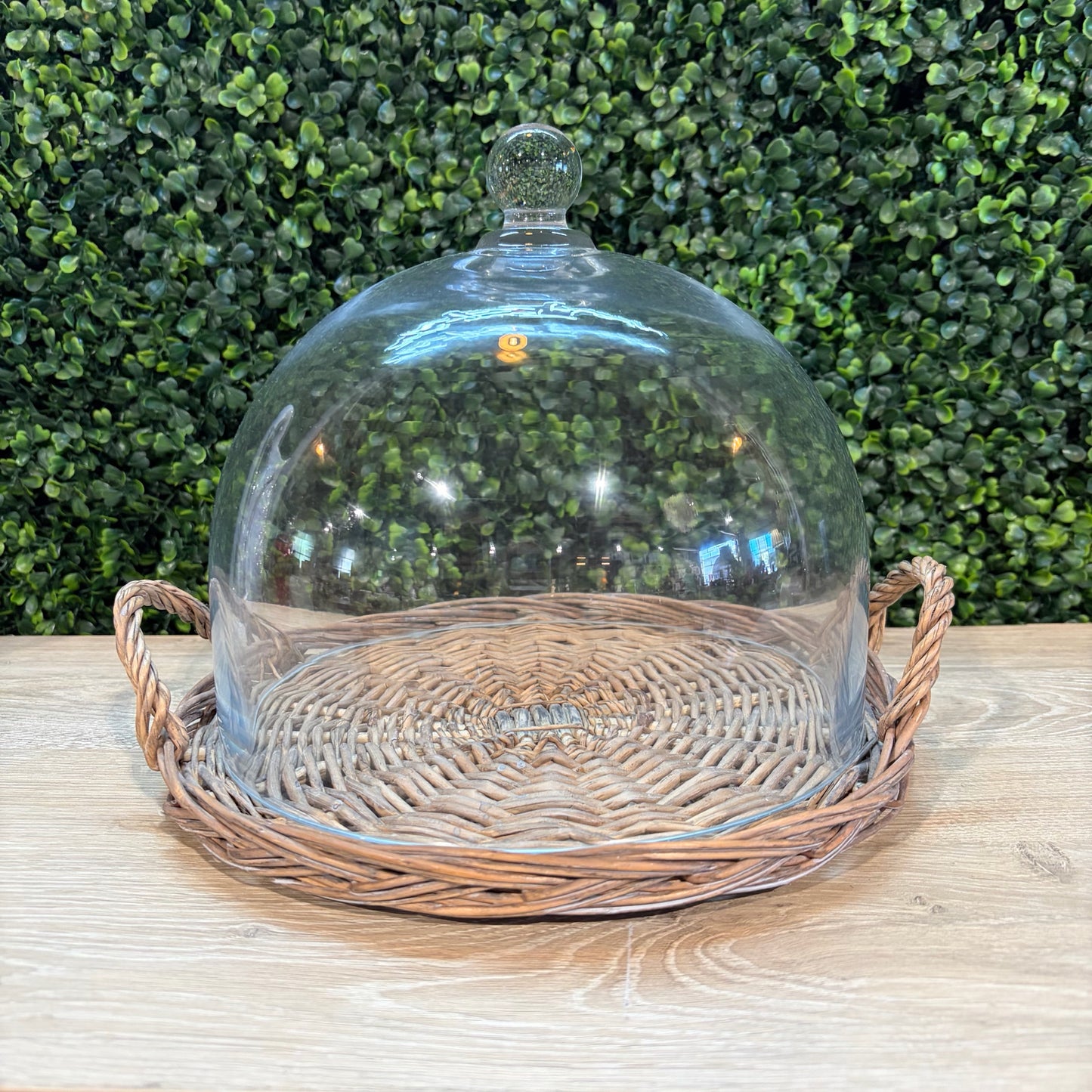 Glass Cloche w/Rattan Tray, 9"H x 10"Dia