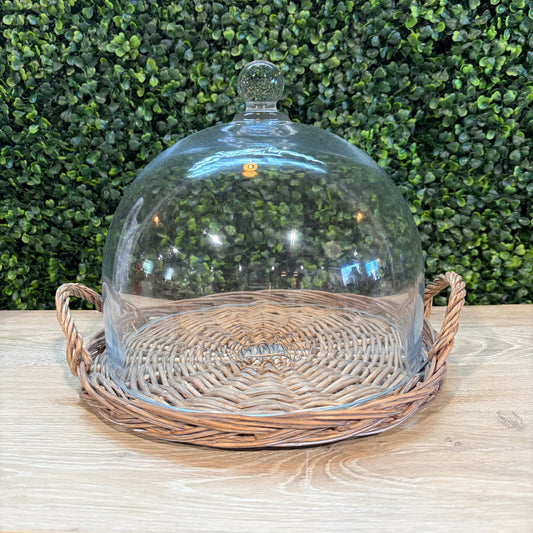 Glass Cloche w/Rattan Tray, 9"H x 10"Dia