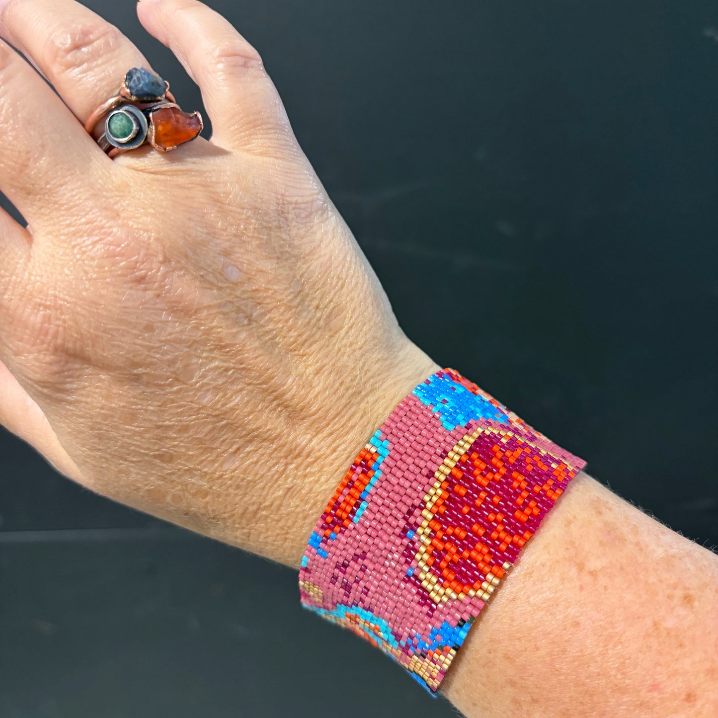 "Klimt" Peyote stitch bracelet by Carrie Prince, Plum/Gold/Blue, 1.5"W x 7"L