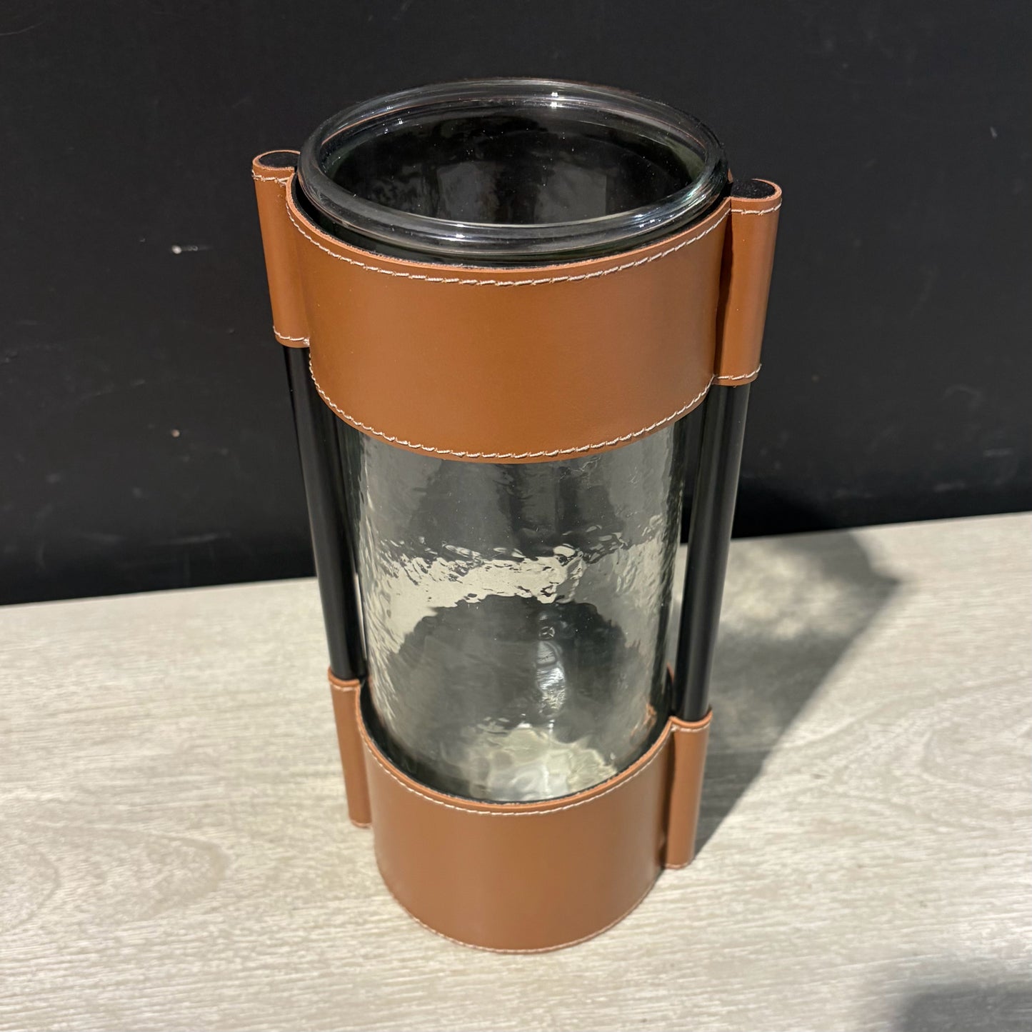 Joseph Vase, Leather & Glass, 4.5"Dia x 10"H