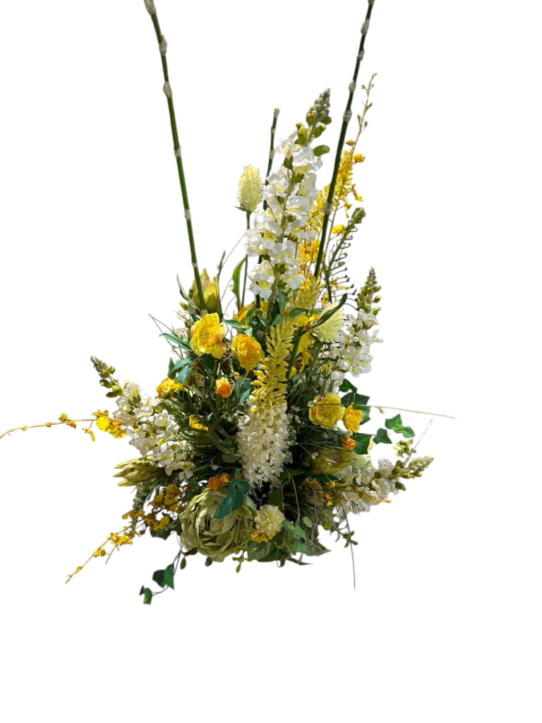Faux floral arrangement, green/yellow, 36"H