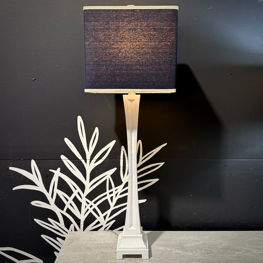 White Fountain Column Buffet Lamp w/ Navy Rectangle Shade, 12.5"L x 8"W x 38"H