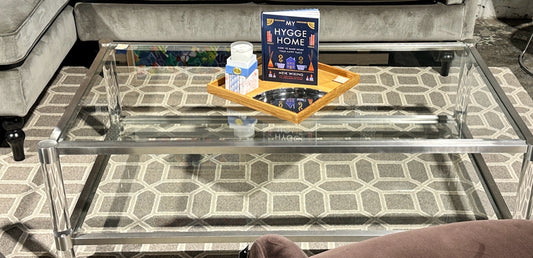 Nouveau brushed lucite/glass coffee table, 55"x31"x17.75"H