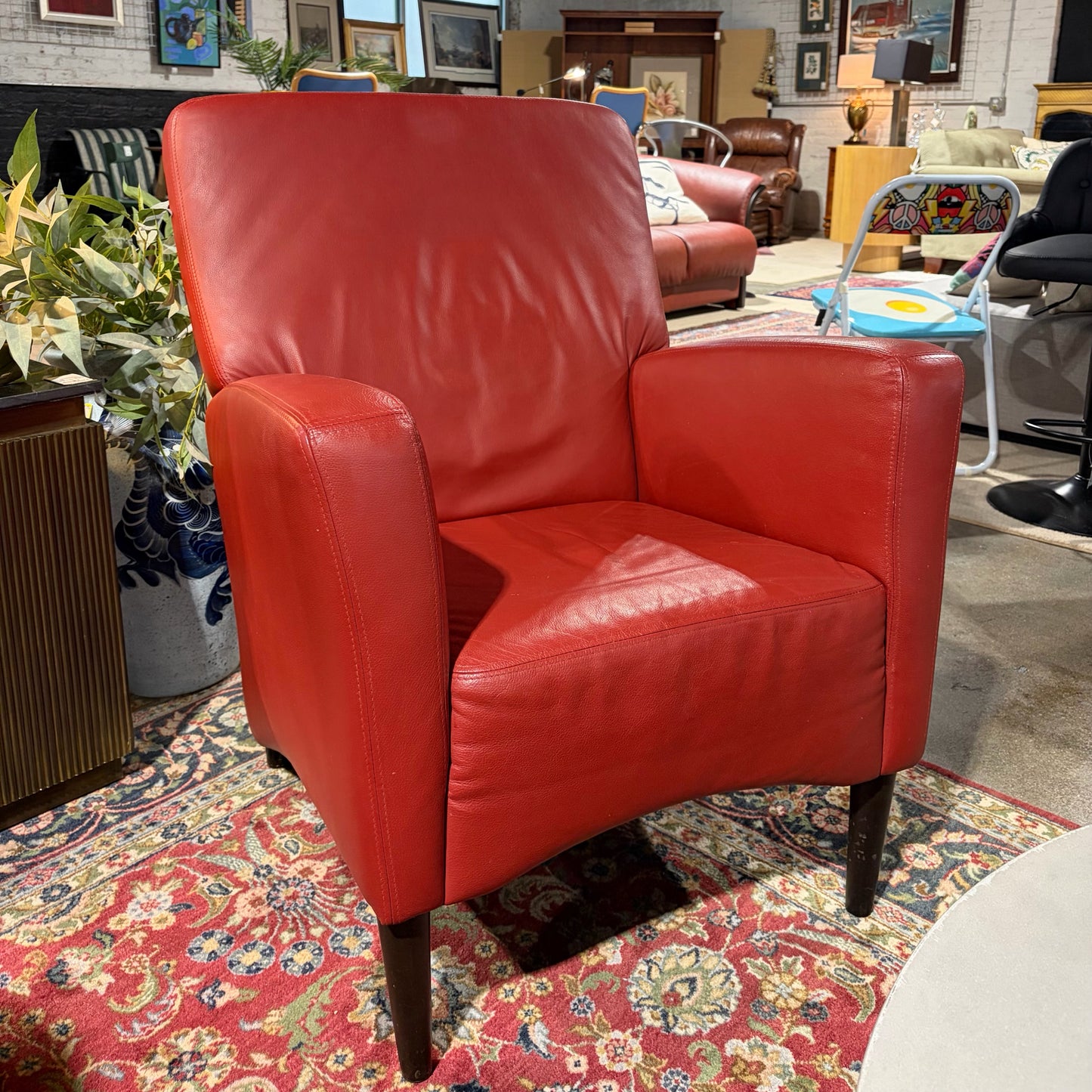 Contemporary Red Leather Armchair, 28.5"W x 31"D x 36"H