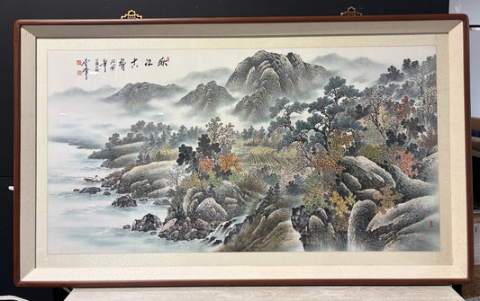 VTG Shan Shui Watercolor, "Ancient Ferry on the Autumn River"  57"W x 34.25"H
