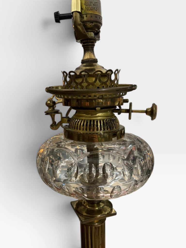 Victorian cut glass/brass table lamp, 32"H