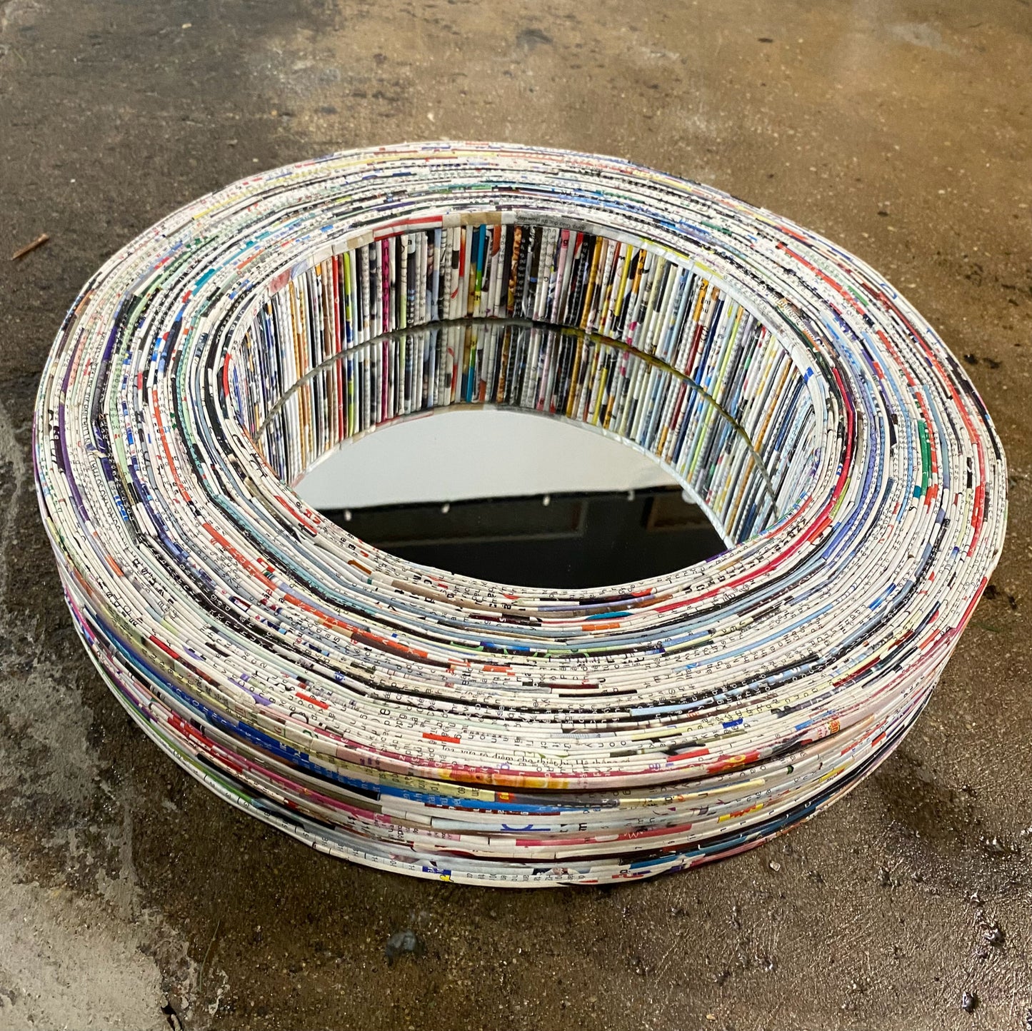 Recycled Magazine Mirror 16"Dia, 3"D