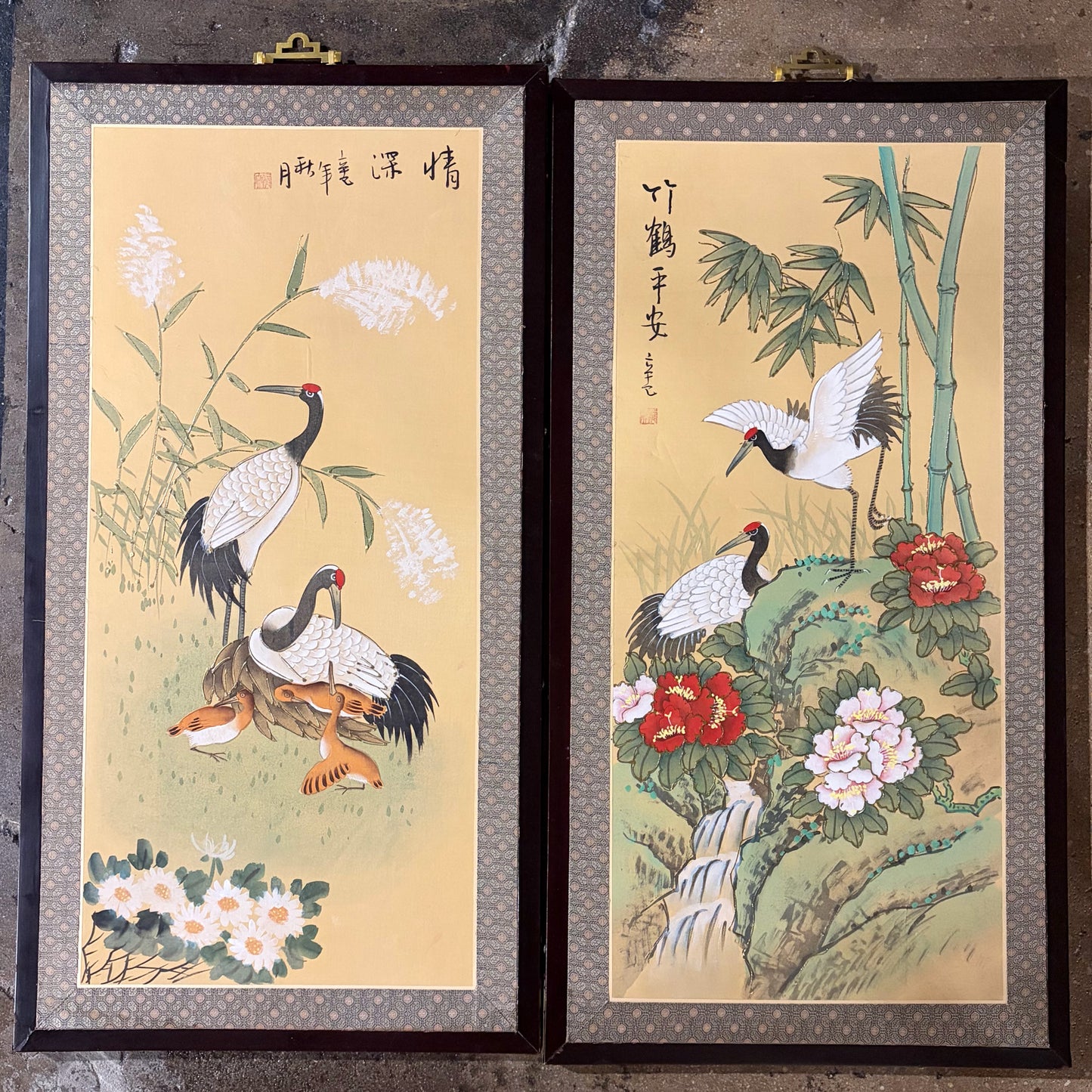 Pair of Chinese Crane Paintings on Silk, 18.25"W x 34.75"H x .75"D