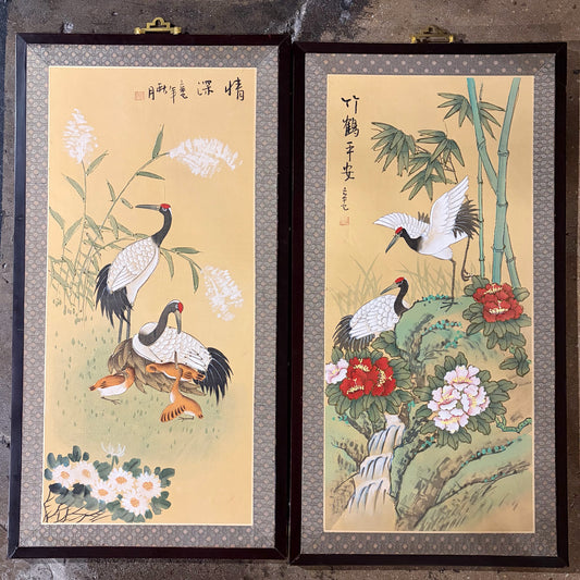 Pair of Chinese Crane Paintings on Silk, 18.25"W x 34.75"H x .75"D