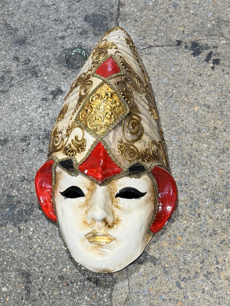 Venetian Carnival mask, red/gold harlequin, 22"L x 9.5"W x 6"D