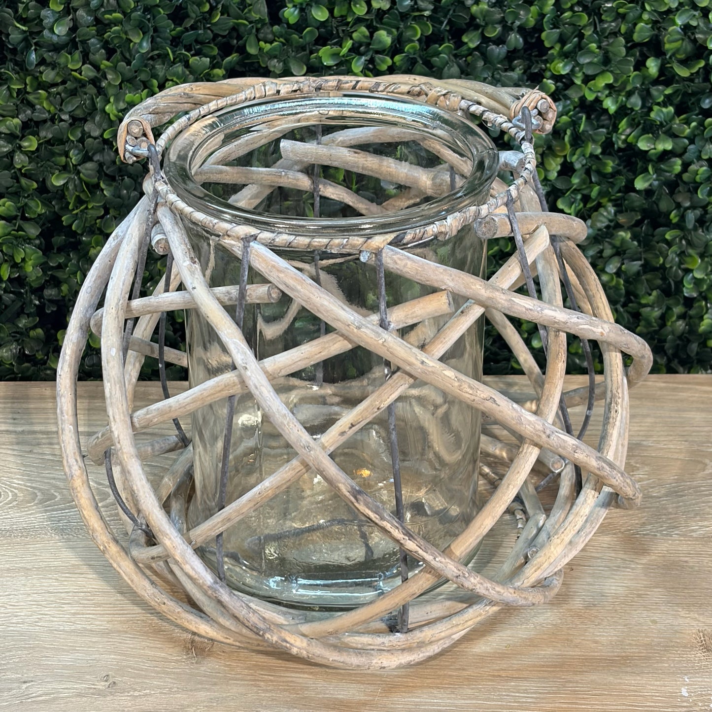 Rattan Lantern w/Glass Hurricane, 9"H x 10"Dia