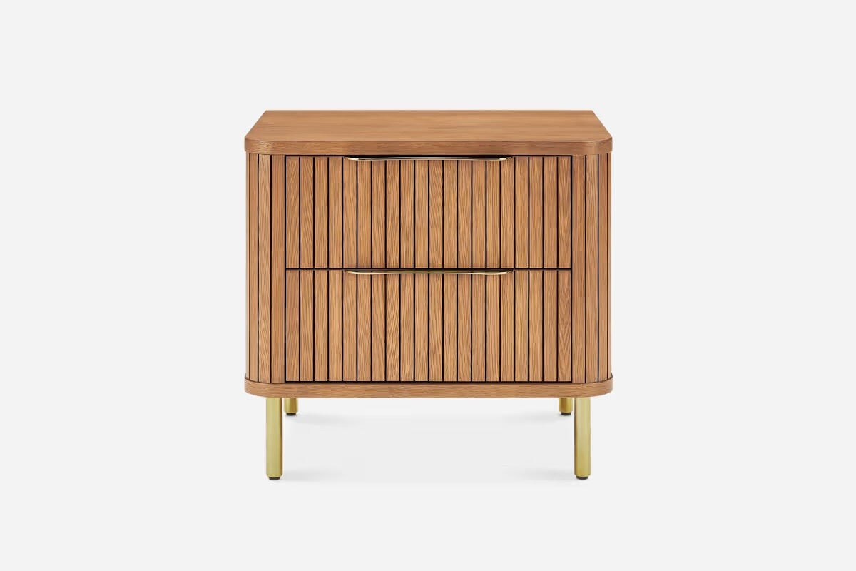 Castlery Harper 2-Drawer Nightstand, Chestnut & Brass, 23.6"W x 17.7"D x 21.7"H