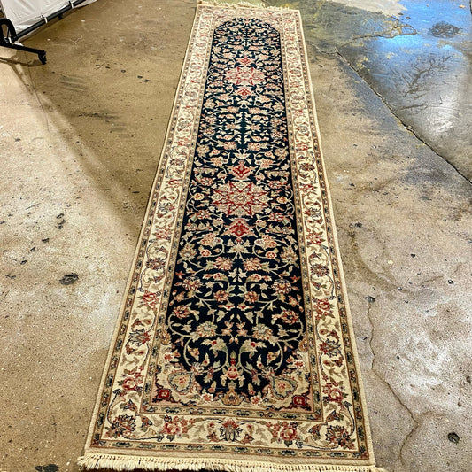 Hunter Green & Cream Runner Wool Hand Knotted 10'L x 2' 4"W