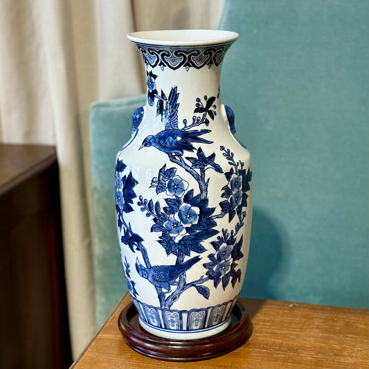 Birds & Floral Porcelain Vase, Blue & White, 19" H x 8.5" Dia