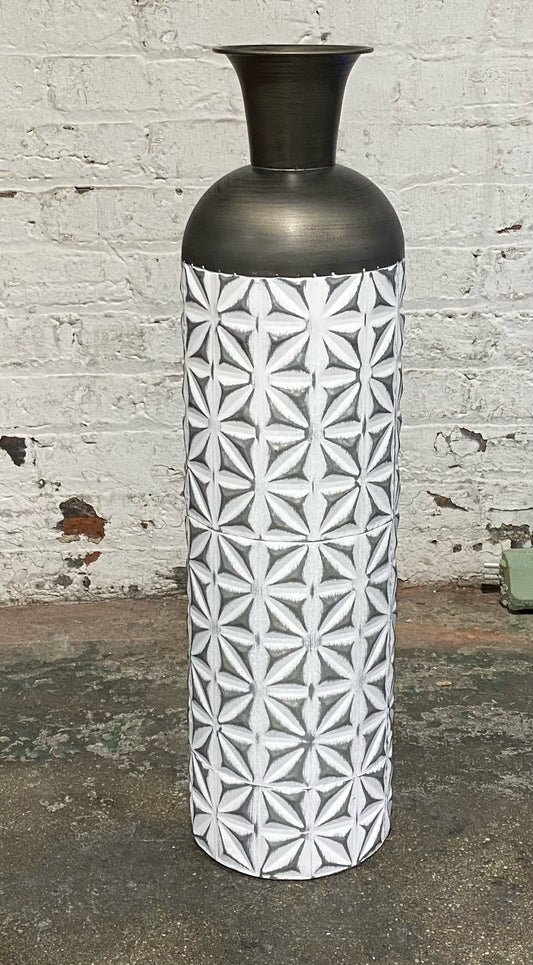 Tall Decorative Metal Vase, Gunmetal w/ White Pattern, 7.25" Dia x 28" H