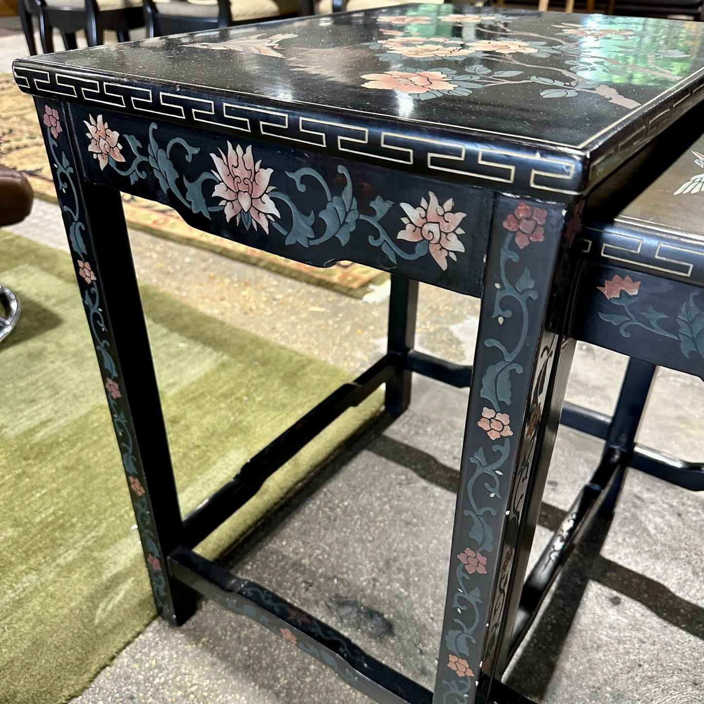 Set of 4 Black Lacquer Chinoiserie Inlaid Nesting Tables, 22" L x 16" W x 24" H