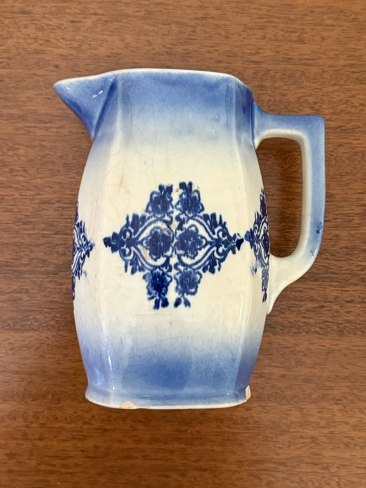 ATQ ironstone pitcher, blue/ivory, 6"L x 7"H