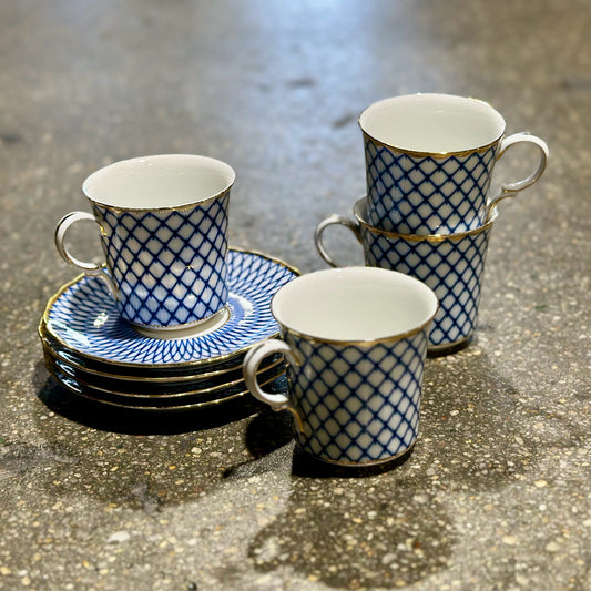 AS-IS Set of Four Cups & Saucers, Blue & White w/ Gold Rims, 5.5" Dia x 3.25" H