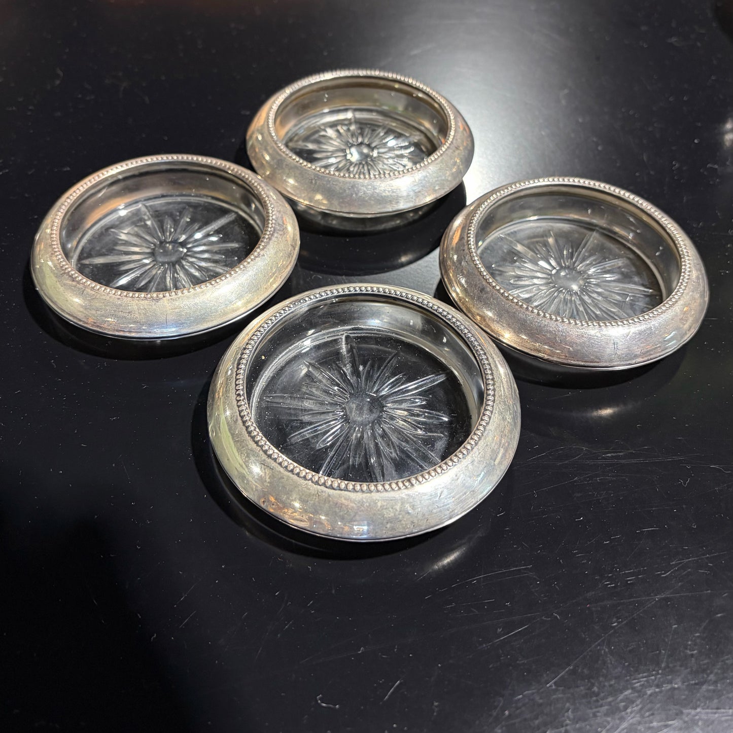 4 VTG Frank M. Whiting & Co. Sterling Starburst Coasters, 4"Dia x .75"H