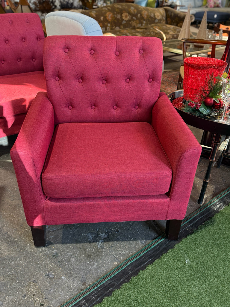 Button tufted red club chair, 29"W x 25"D x 33.5"H