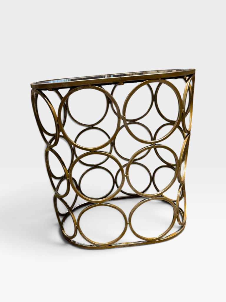 'Antiqued' brass/gold oval table, mirrored top, 18"W x 12"D x 19"H