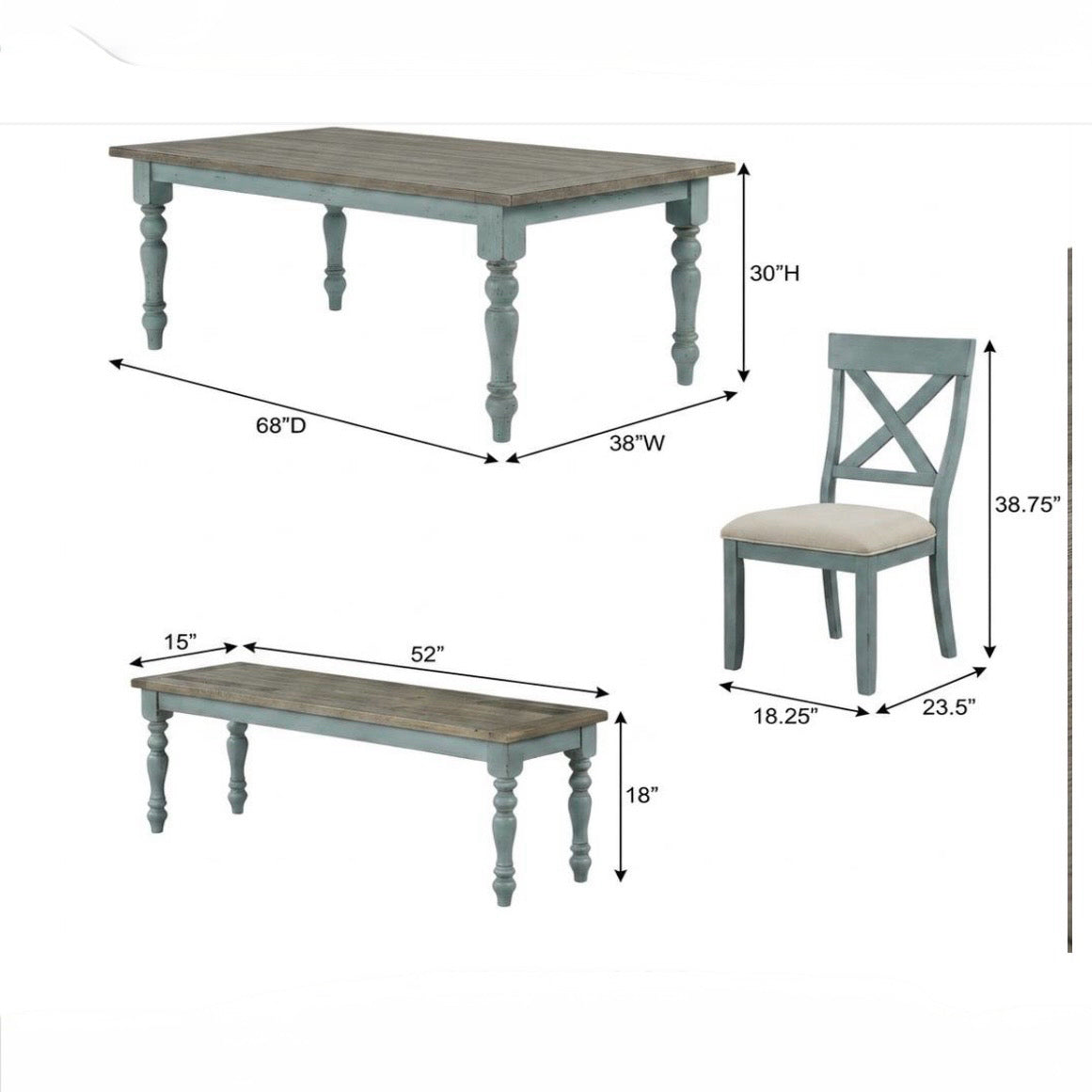 Prato 6-Piece Dining Table Set w/ Cross Back Chairs & Bench, 68"W x 38"D x 30"H