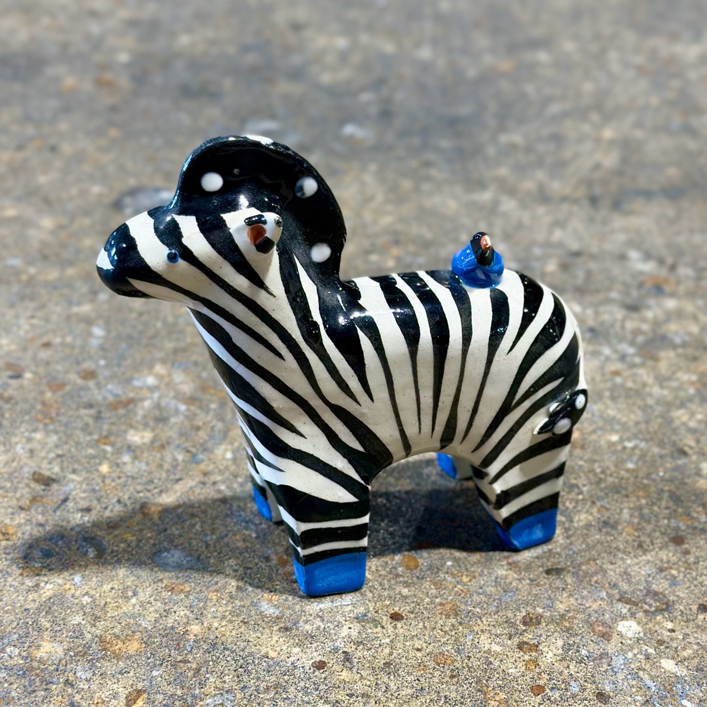 Whimsical Zebra W/ Bird Figurine, 5.5" L x 2" W x 5" H