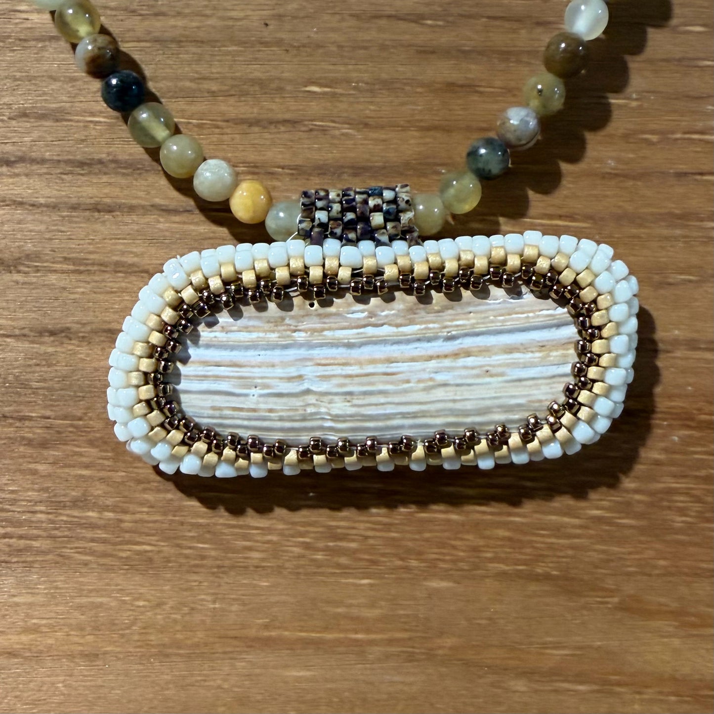 Shell Pendant W/Peyote Bezel & Crazy Lace Agate, 17"L, Carrie Prince