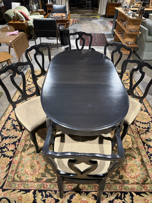 Black Oval Dining Table w/ Leaf, 72" L x 36" W x 29" H + 6 Black & Tan Chairs