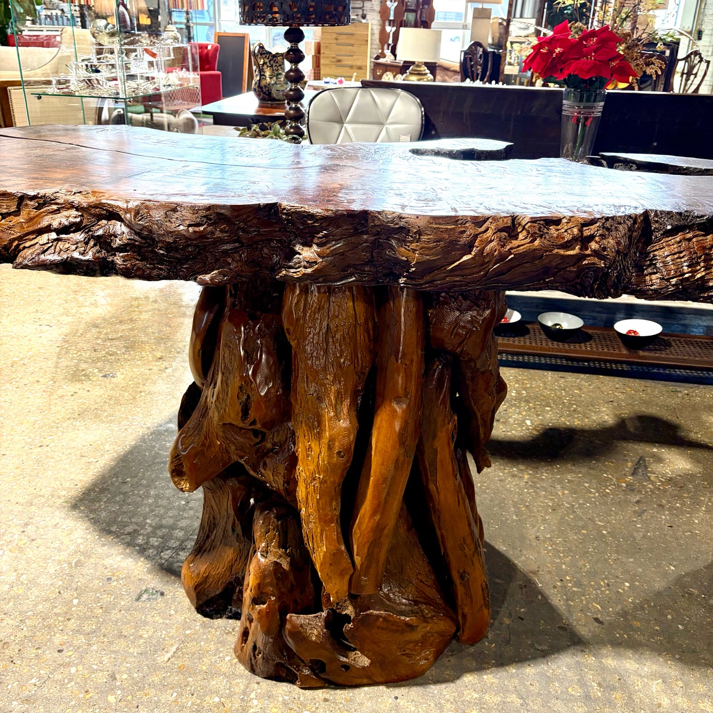 Reclaimed Calif Redwood slab on 2 redwood pedestals, 120"L x 38"W x 33"H