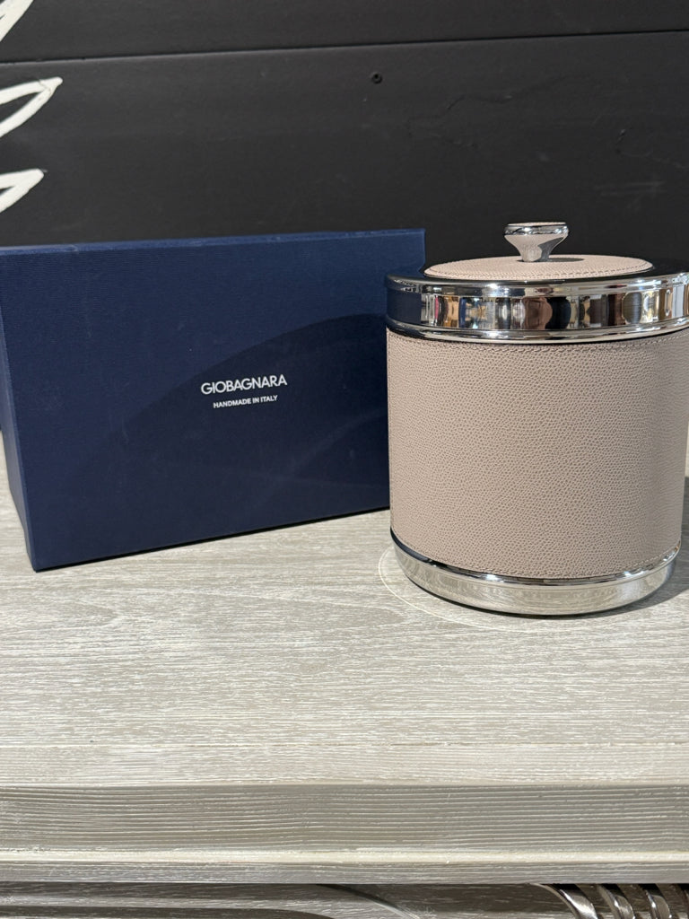 NIB Giobagnara ice bucket, chrome/calfskin, 6.5"W x 6.5"D x 7.5"H