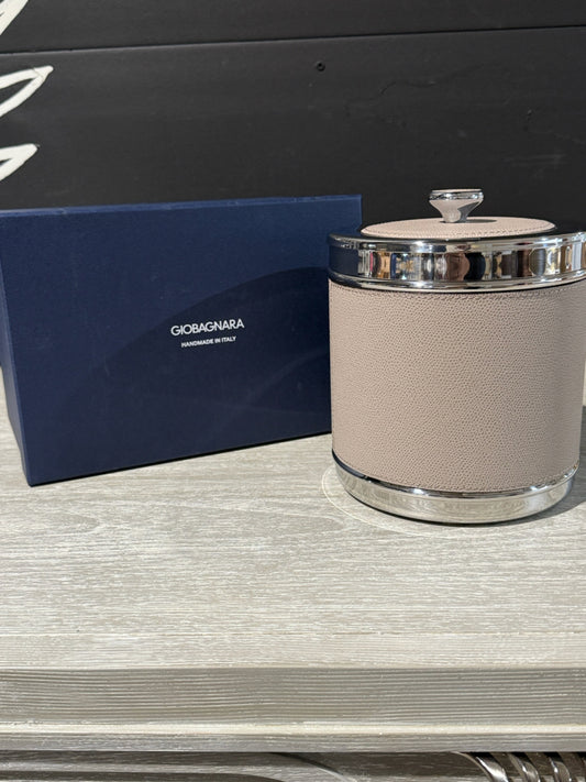NIB Giobagnara ice bucket, chrome/calfskin, 6.5"W x 6.5"D x 7.5"H