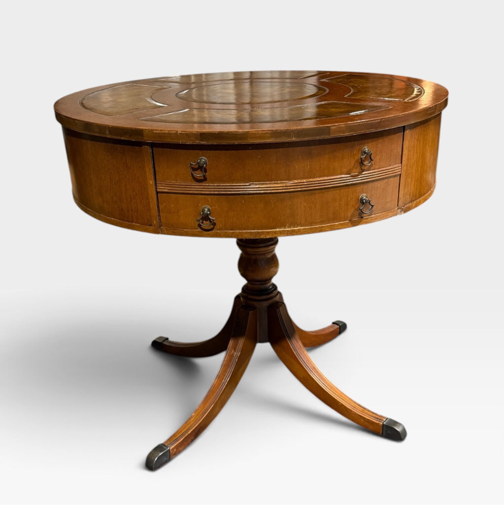 ATQ Duncan Phyfe-style mahogany leather-top drum table, 30"W x 30"D x 28"H