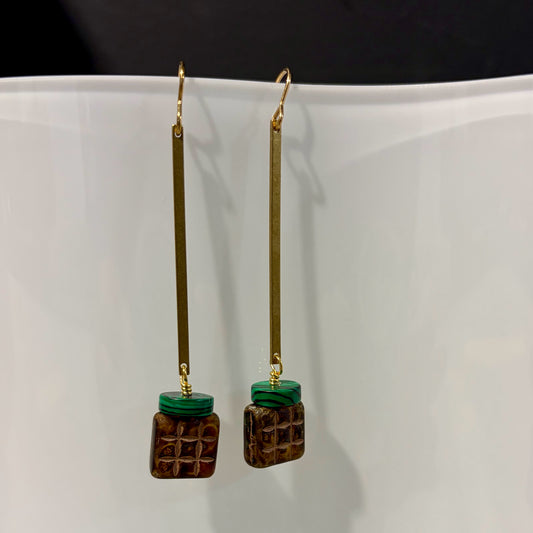 Long Brass & Bead Earrings, 3"L, Carrie Prince Wearable Art