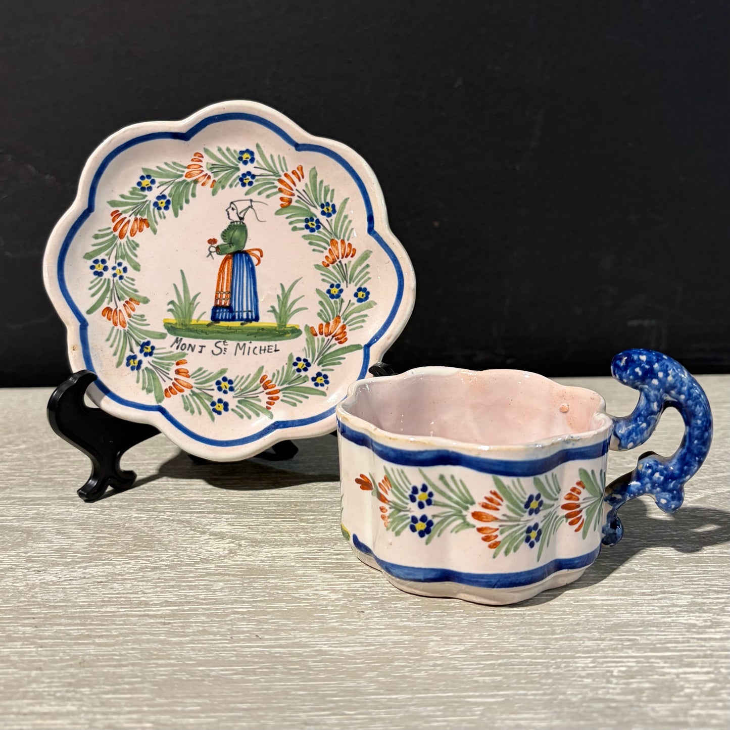 VTG Henriot Quimper Faience Cup & Saucer, 4.75"W x 4.5"D x 2.75"H