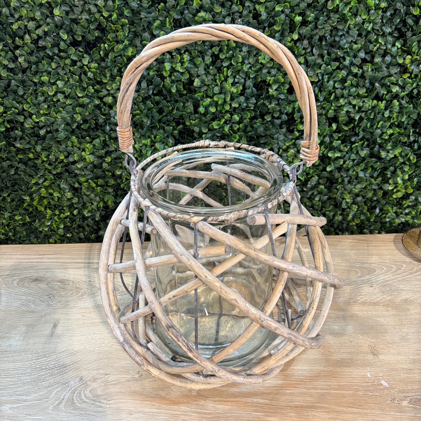 Rattan Lantern w/Glass Hurricane, 9"H x 10"Dia