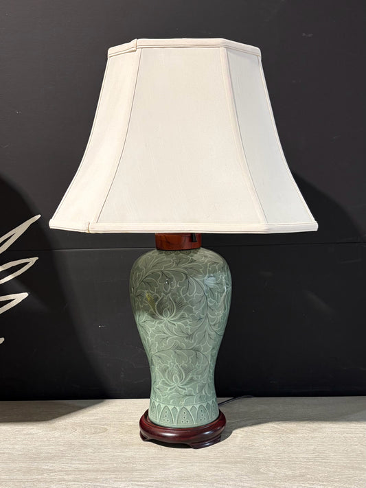 Celedon Ceramic Lamp w/Floral Design, 27.25"H x18"W x 13.25" D