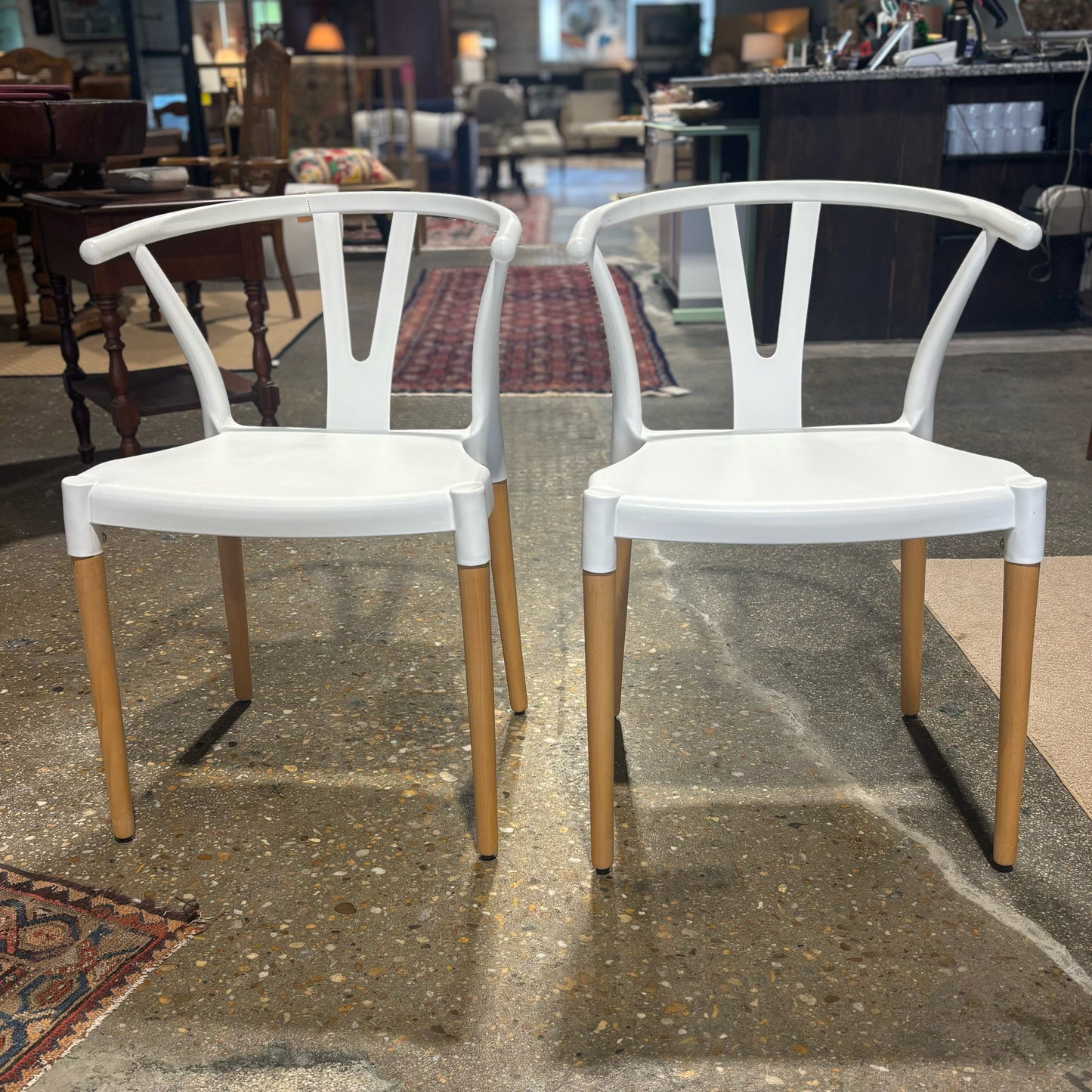 PAIR Modern White Chairs w/ light wood legs 19" W x 15.5" D x 29.5" H