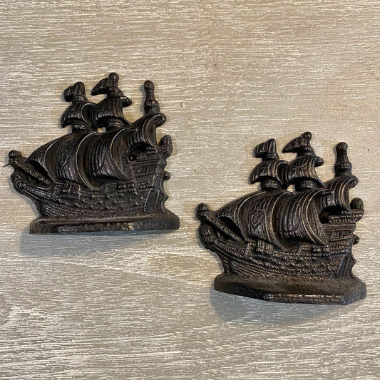 Vintage Cast Iron Sailing Ship Bookends, 4.25"W x 1.5"D x 4"H