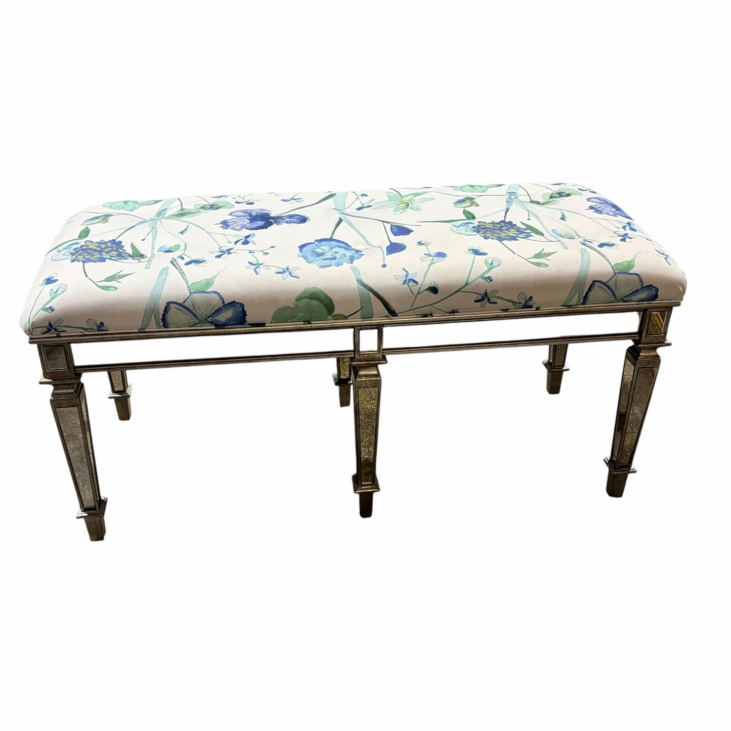 Celeste Mirrored Bench w/ Tufted Cushion, Watercolor Floral, 43"W x 19"D x 21"H