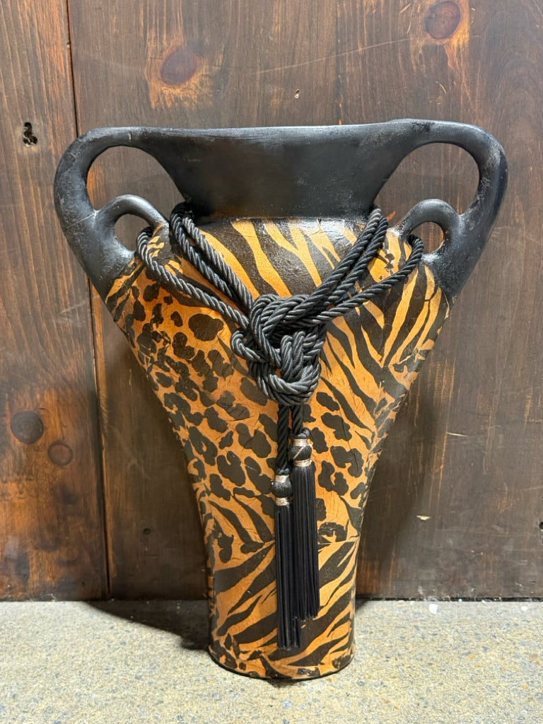Black/cheetah 2 handled vase, 14.5"W x 4"D x 18.5"H