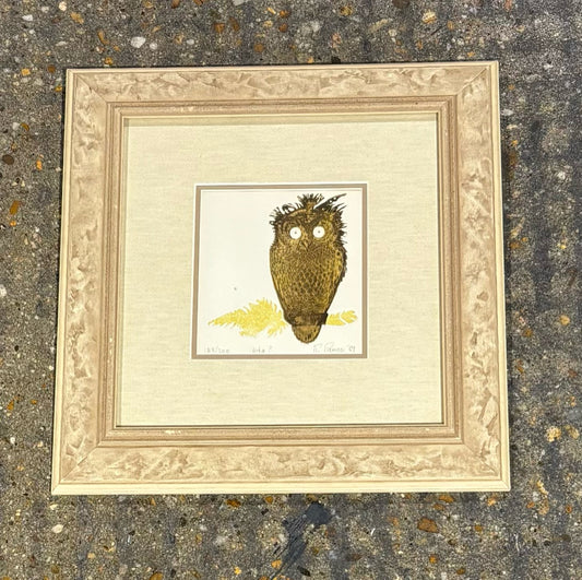 "Who?" owl block print, signed/numbered, 1969, 16.5"W x 16.5"H x 1"D