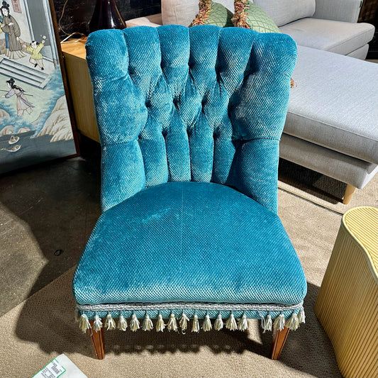 Tufted Armless Upholstered Chair, Teal w/ Tassel Trim, 26.5"L x 29.5"D x 35.5"H