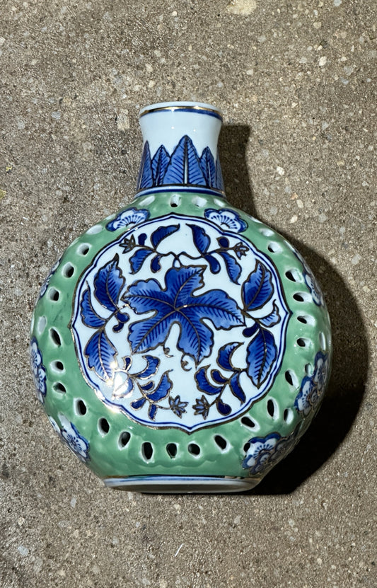 Blue & green pierced vase, 8"H x 6"W x 3"D