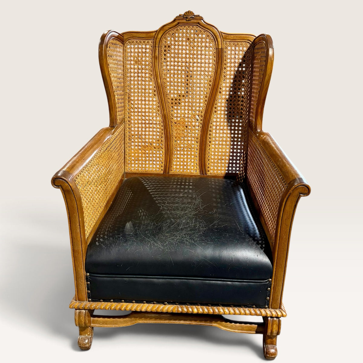 1930's Teak & Cane Gentleman's Wingback w/Black Leather Seat