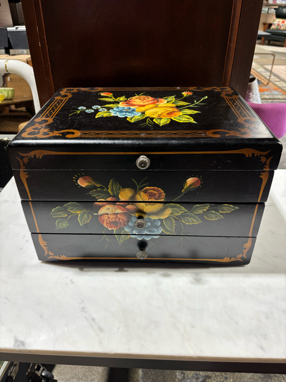 VTG Hand-Painted Floral Silver/Jewelry Chest