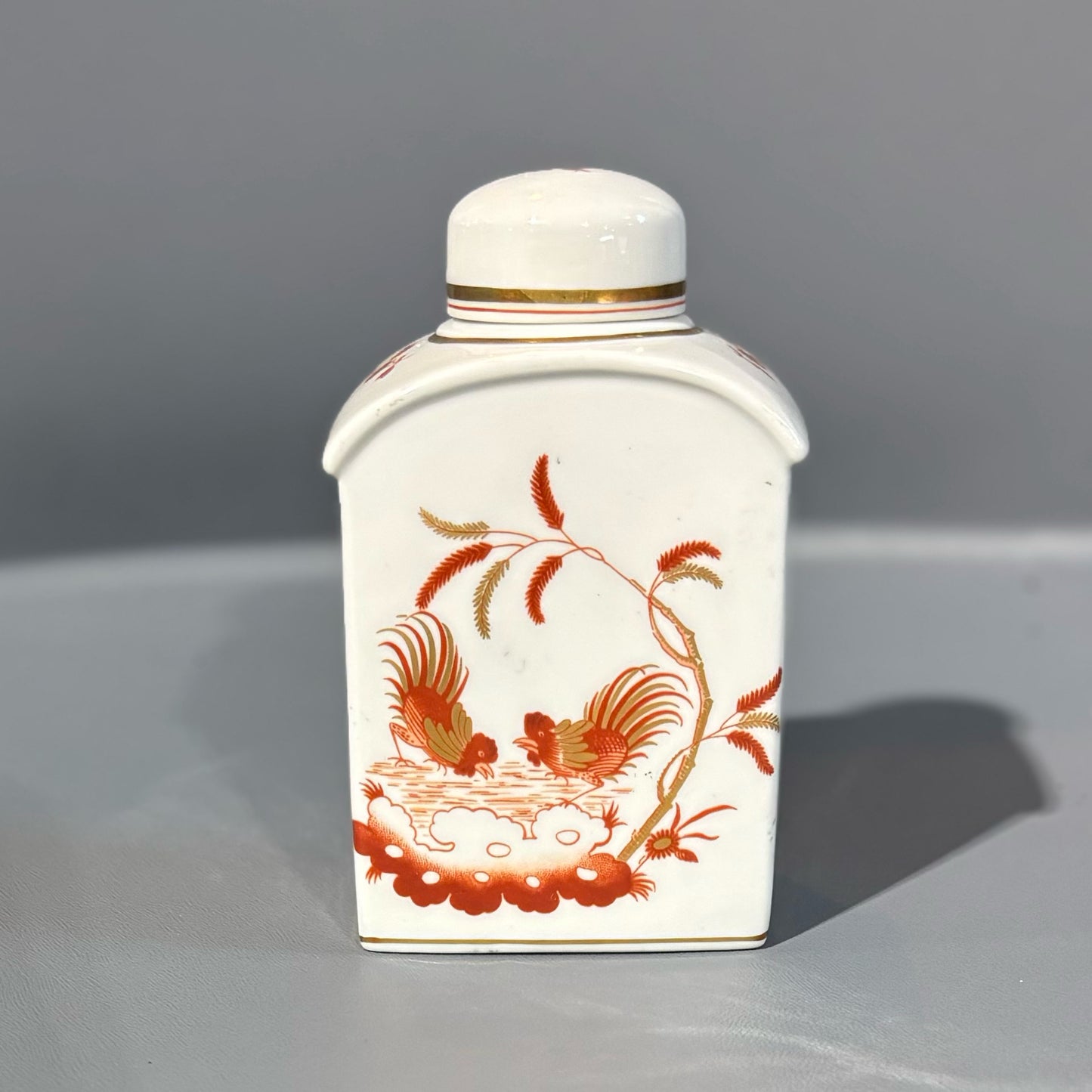 Antique Italian Ginori tea caddy, sienna/gold roosters, 3"W x 2"D x 5"H