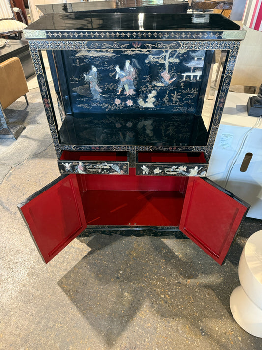 VTG Korean cabinet, blk lacquer/red interior, 13"D x 31"W x 48'H