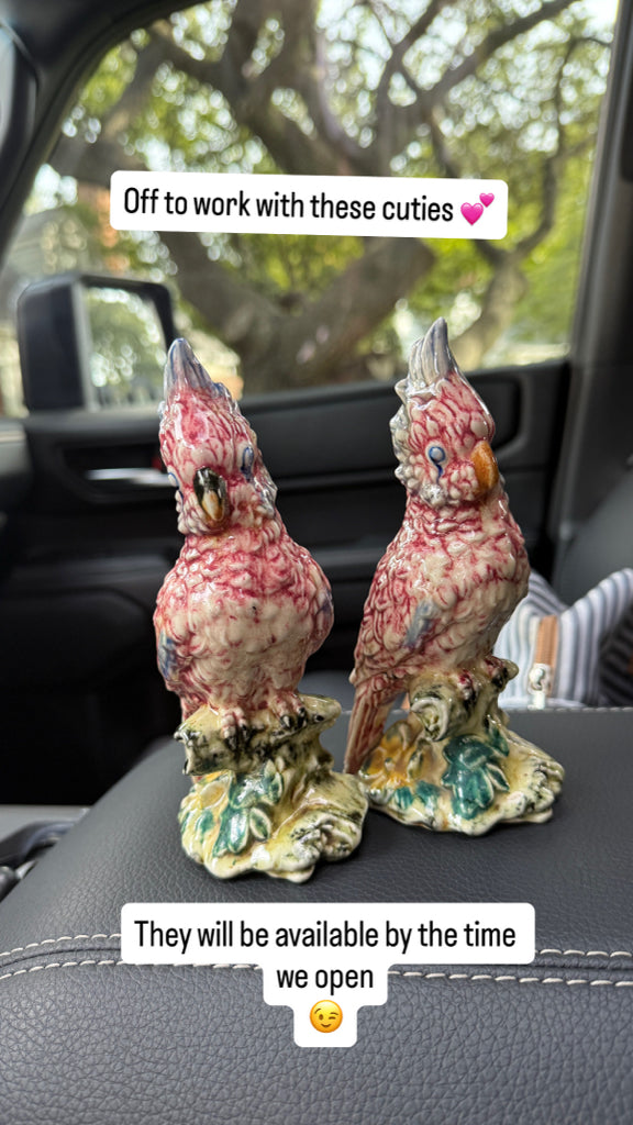 PAIR of VTG Stangl cockatoos, pink/grn, 6.5"H