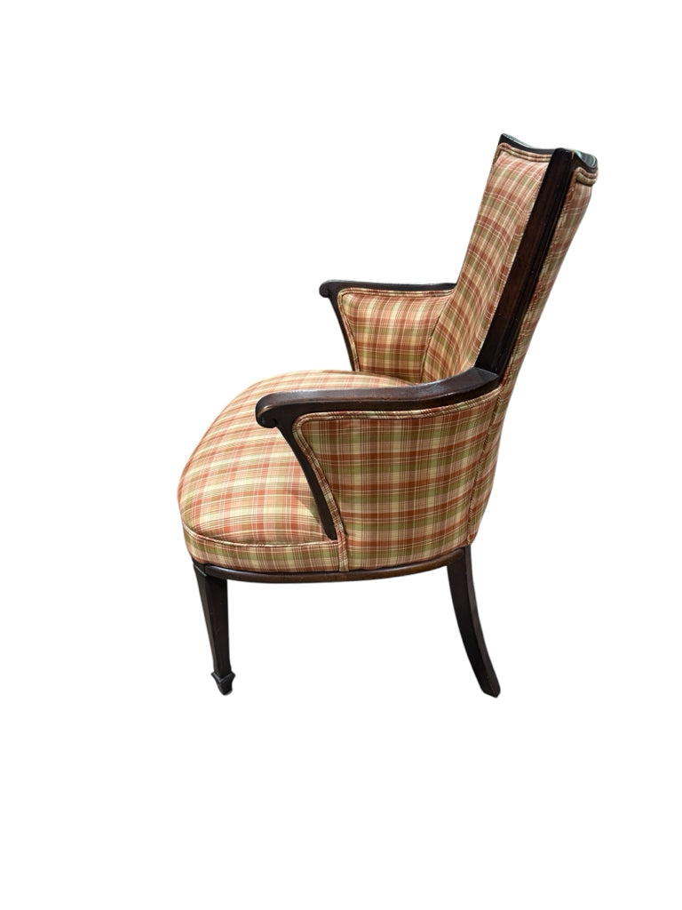 VTG fauteuil chair, mahogany, plaid, 25"W c 19"D x 34"H